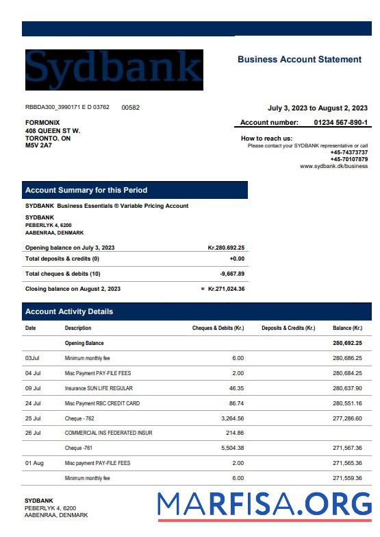 Realistic Sydbank enterprise account statement Word and PDF template